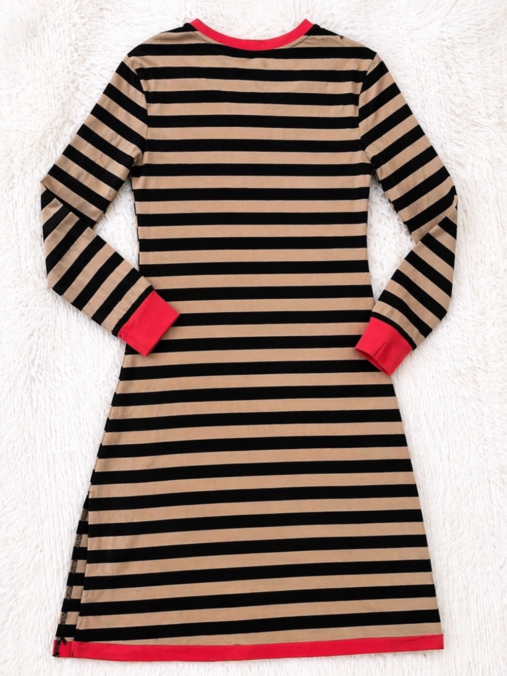Dokotoo Striped Dress Medium Black Tan Red Accent Long Sleeve Pocket Casual Cute - Picture 4 of 4